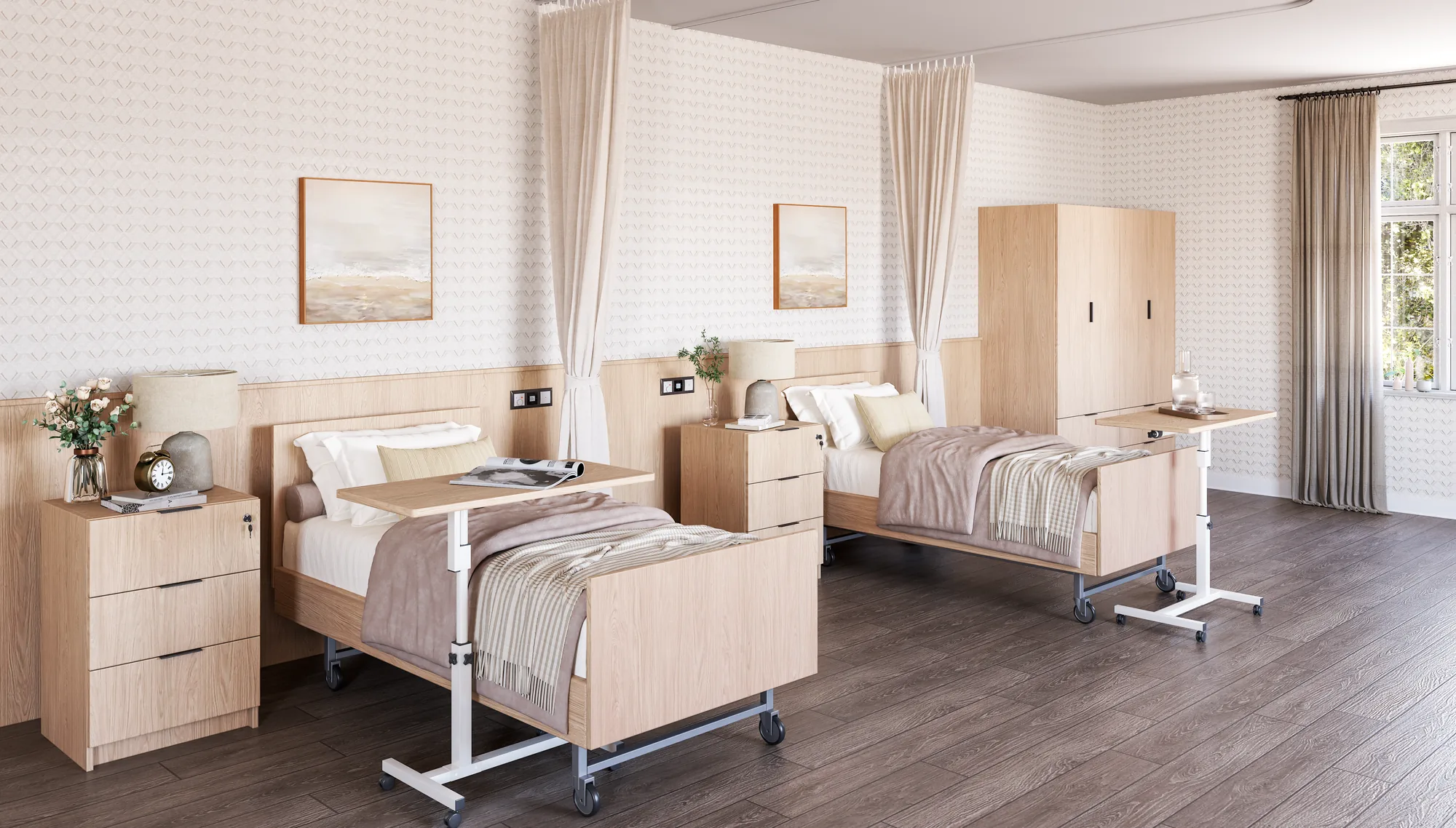 Double-occupancy resident room with two beds, matching night tables, overbed trays, and a shared wardrobe in Brown Casella Oak finish